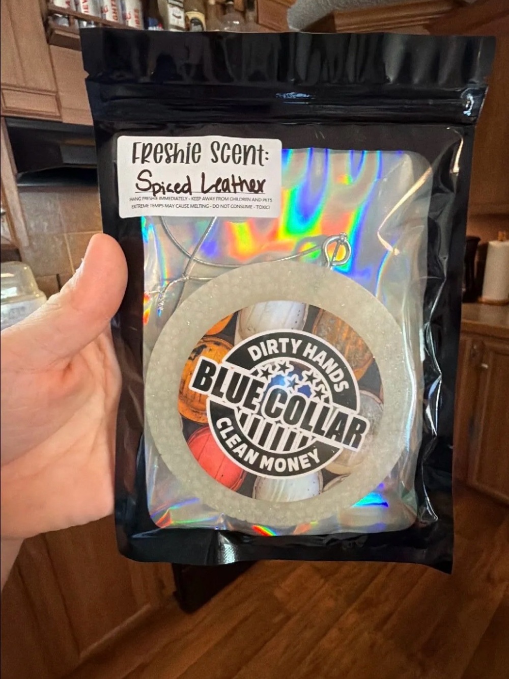 Blue Collar Dirty Hands Spiced Leather Air Freshener - Black Holographic Pouch